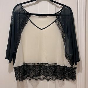 FOND for Anthropologie black & cream lace semi sheer v neck short sleeve blouse